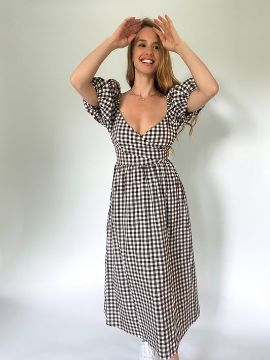 Penny Gingham Midi Dress in Espresso