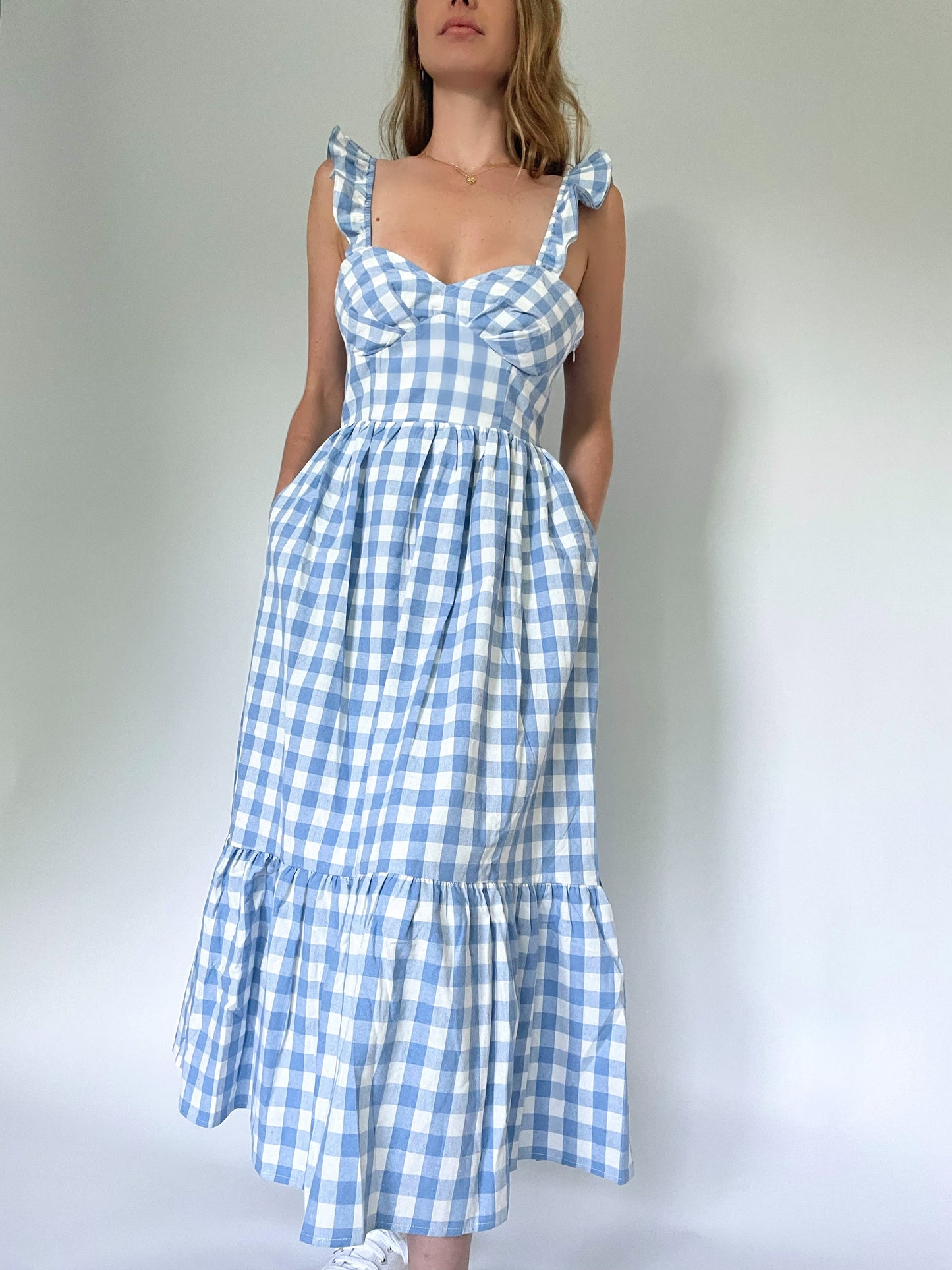 Toria Flutter Sleeve Gingham Dress in Sky