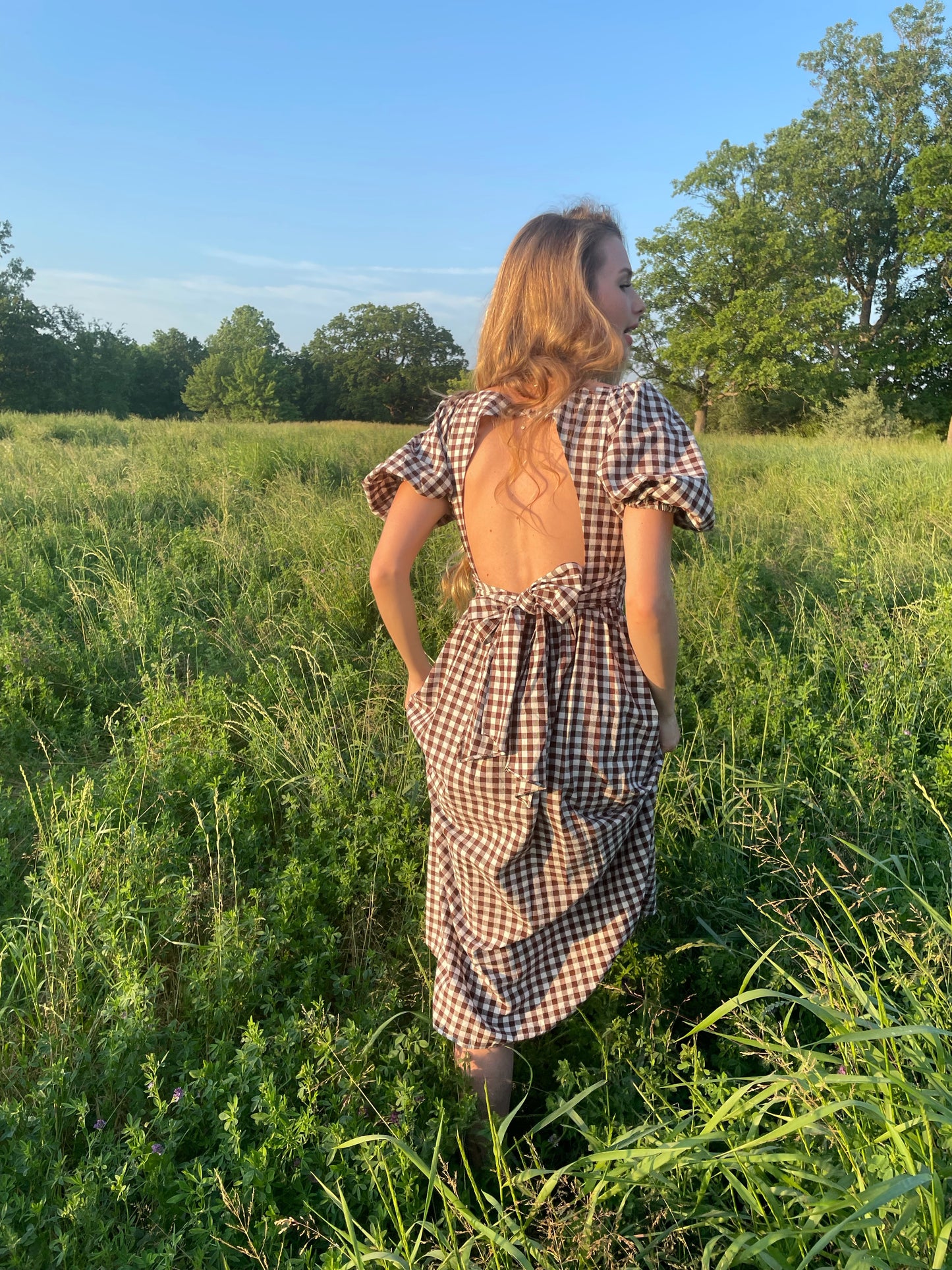 Penny Gingham Midi Dress in Espresso