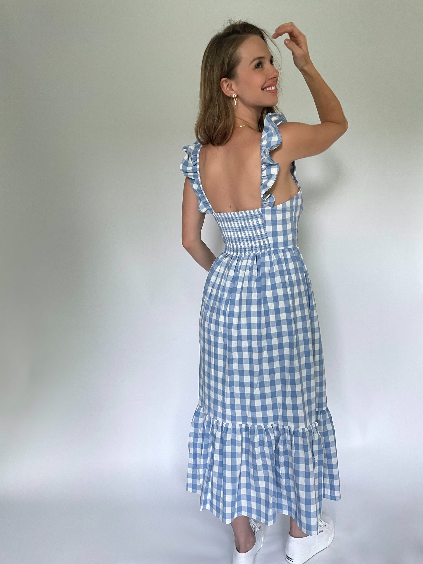 Toria Flutter Sleeve Gingham Dress in Sky