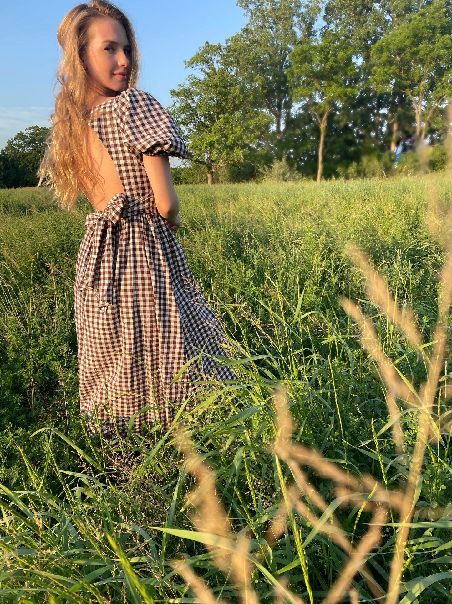 Penny Gingham Midi Dress in Espresso